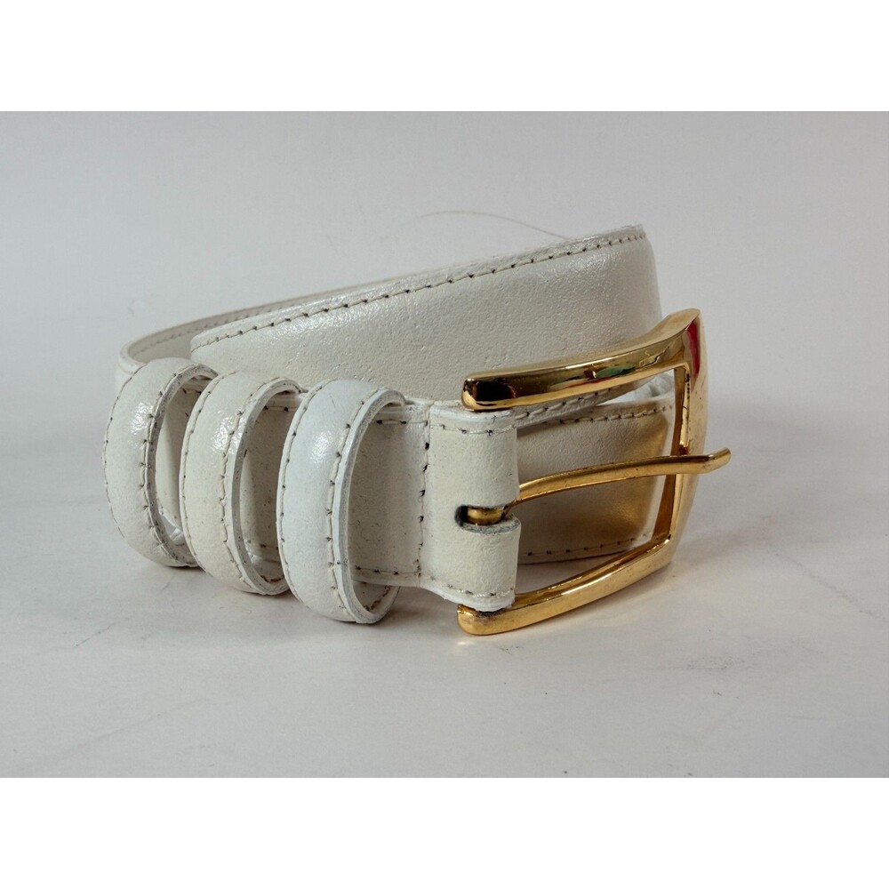 White Leather Dress Belt Womens Medium Split Cowhide Gold Buckle Solid Classic